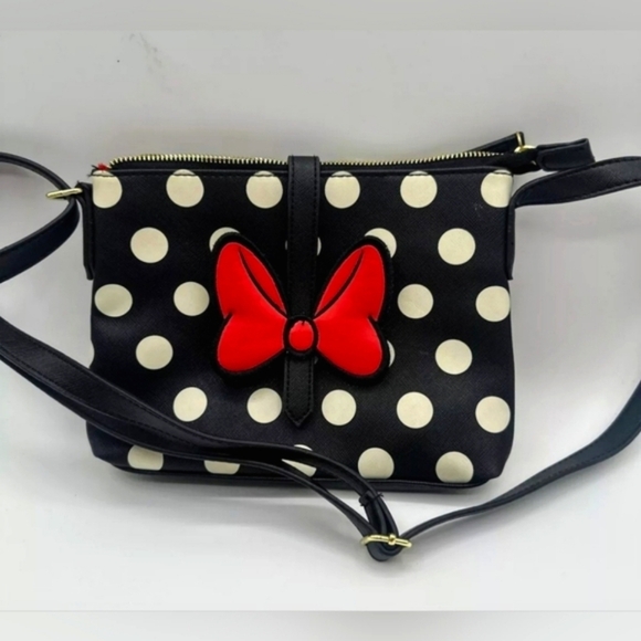 Disney Parks Minnie Mouse Black White Polka Dot Stripes Red Bow Crossbody Bag - Picture 2 of 16